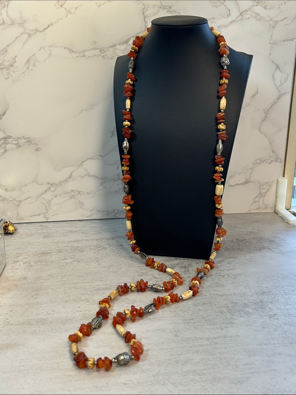 Handcrafted Carnelian Stone and Carved Bone Long Necklace